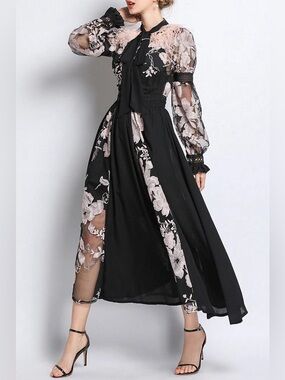 Black Floral Lace Sleeve Maxi Dress with Bow Tie